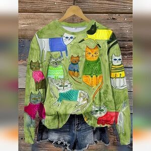 Adorable "Crazy Cat Lady" Polyester Knit Crew Neck Top Sz 20